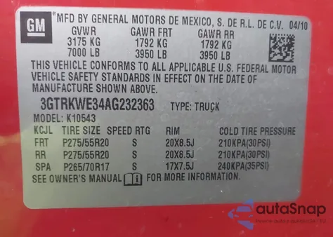 2010 GMC Sierra 1500 Slt z USA, uszkodzony, nr VIN 3GTRKWE34AG232363